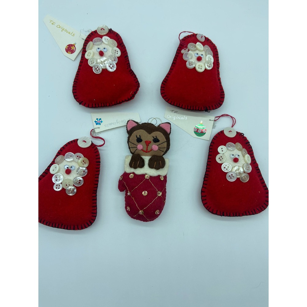 Vintage Handmade Felt Ornaments Lot Of 5 Kitten Cat Bells Snowman Sequin Buttons